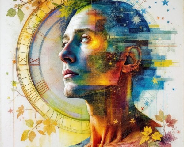 Vibrant Profile Art with Clock and Nature Elements