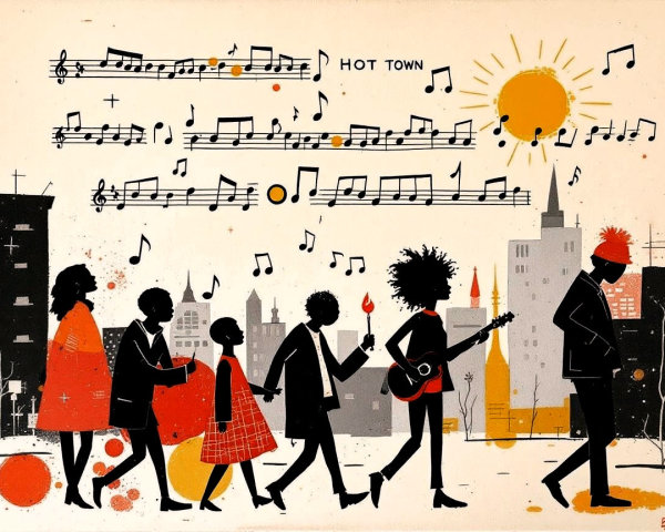 Vibrant Cityscape with Silhouettes and Musical Notes