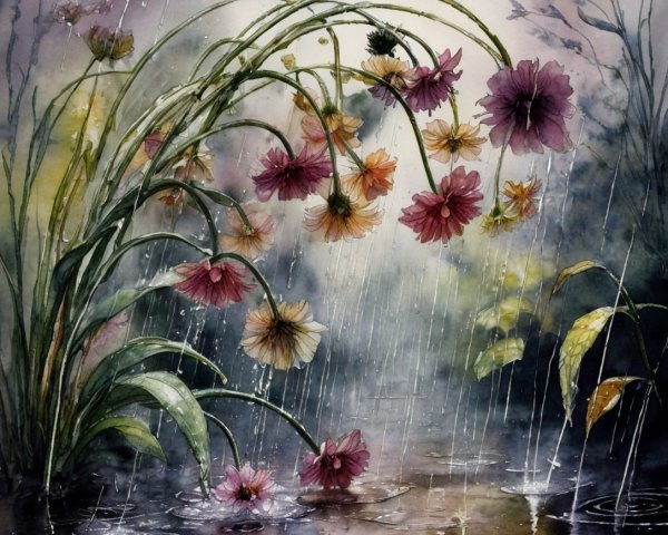 Watercolor Scene of Flowers by Reflective Pond