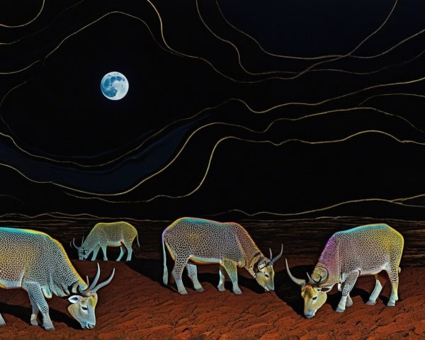 Stylized Night Scene of Four Glowing Bulls Grazing