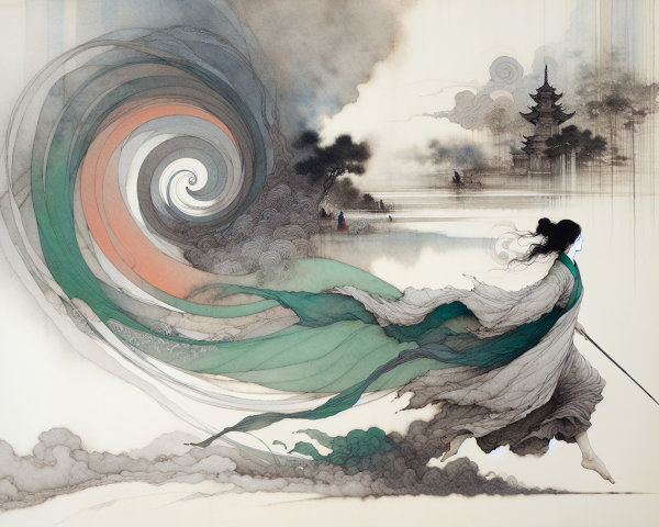 Serene Figure in Flowing Robes Against Ethereal Clouds