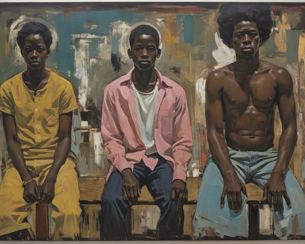 Three Figures on a Bench with Abstract Background
