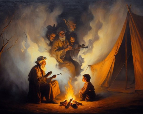 Elder and Boy Share Stories by Campfire Glow