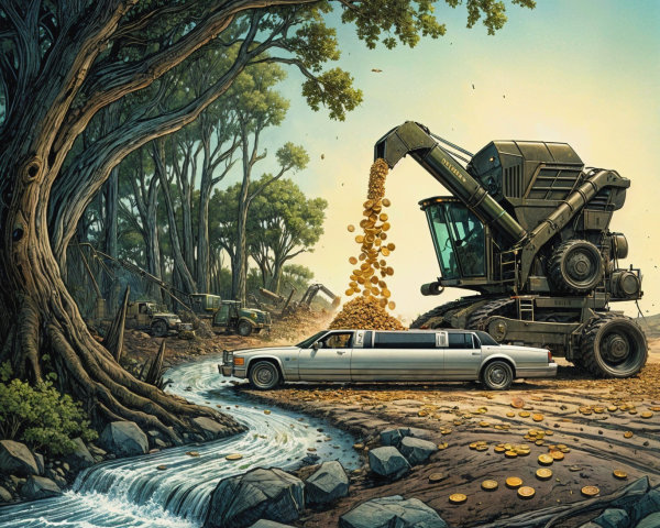 Surreal Scene of Limousine and Golden Coin Harvesting