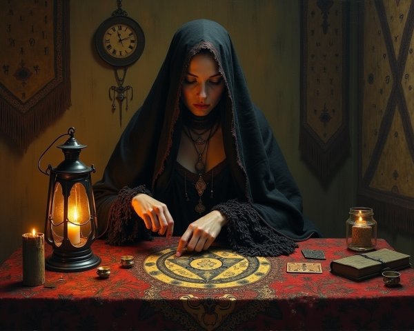 Mysterious Woman at Enchanted Divination Table