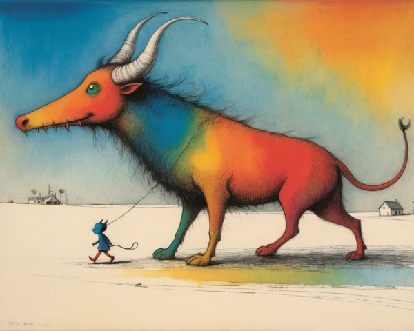 Whimsical Landscape with Colorful Creature and Figure