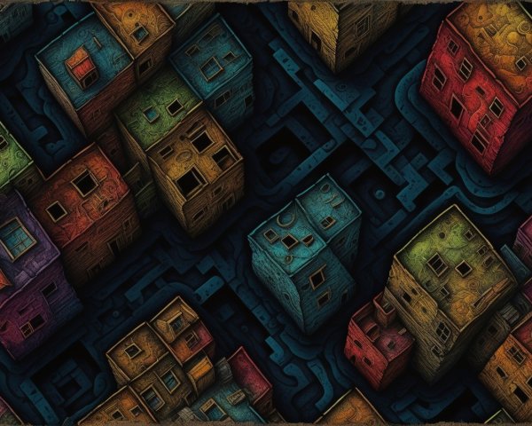 Aerial View of Colorful Abstract Houses on Dark Background