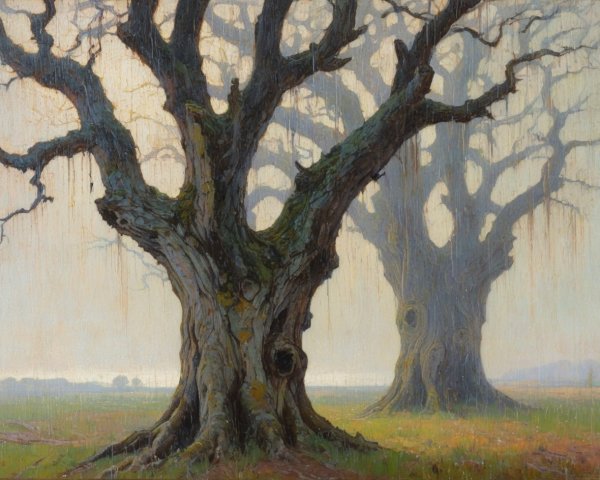 Gnarled trees in a foggy, serene landscape setting