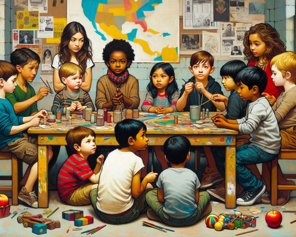 Children Engaged in Art Project in Colorful Classroom