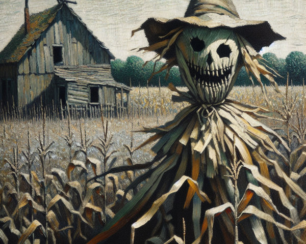 Haunting Scarecrow in Eerie Cornfield Scene