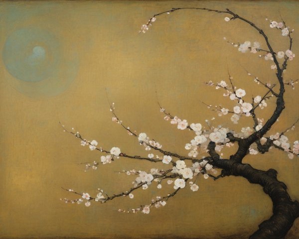 Delicate tree branch with pink blossoms on gold背景