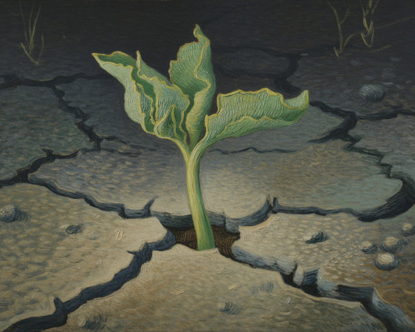 Stylized Painting of Green Plant in Cracked Earth