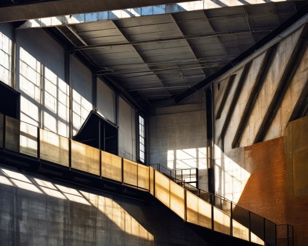 Industrial Interior with Geometric Shadows and Staircase