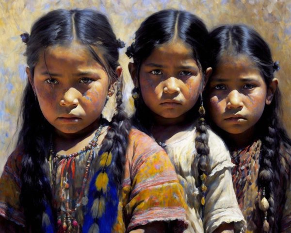 Three Girls in Traditional Attire with Serious Expressions
