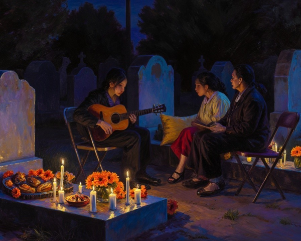 Gathering at Dusk in a Graveyard with Candlelight