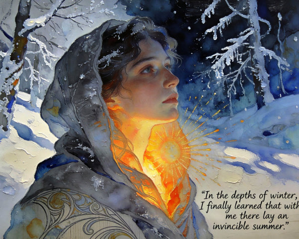 Oil Painting of Woman in Gray Cloak in Snowy Landscape