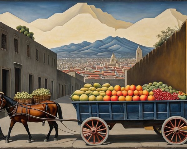 Vibrant scene of a man with horse-drawn cart and fruits