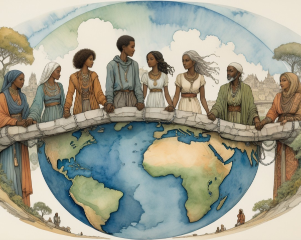 Diverse Group on Bridge Over World Map Illustration