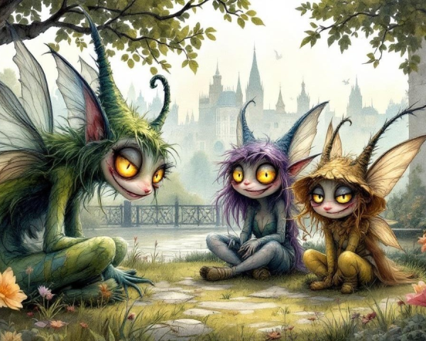 Whimsical Creatures in a Lush Garden Setting