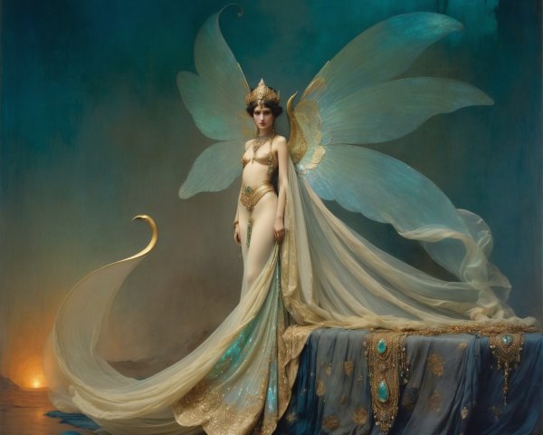 Majestic figure in ethereal gown with butterfly wings