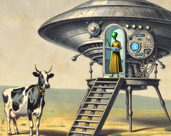 Cartoon Alien Exits UFO in Humorous Rural Scene