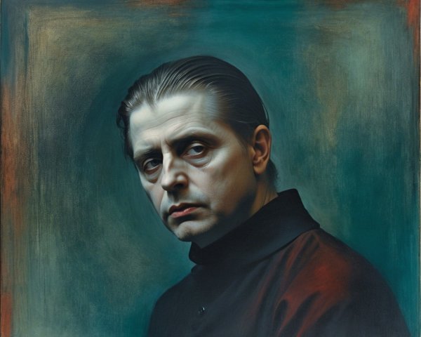 Somber Man in Dark Garment Against Muted Background