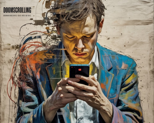 Man Engrossed in Smartphone Amidst Abstract Colors