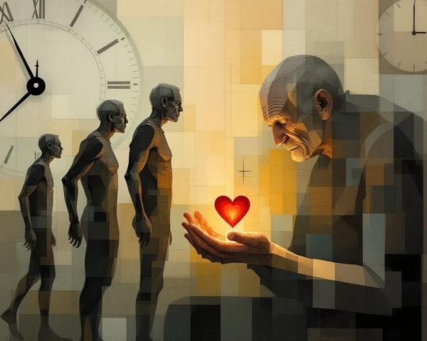Human Figures Progressing Through Life Stages with Clock