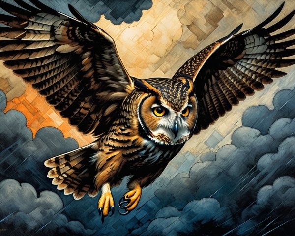 Majestic owl in flight with dramatic cloud backdrop