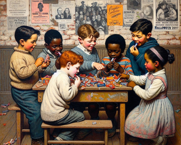 Children Sharing Colorful Candy in Nostalgic Setting