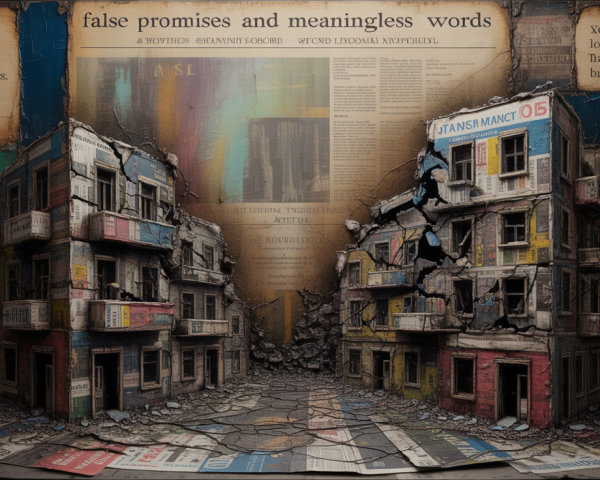 Surreal Urban Scene of Dilapidated Buildings and Text