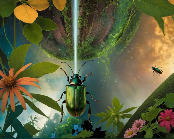 Surreal Landscape with Beetle and Celestial Elements