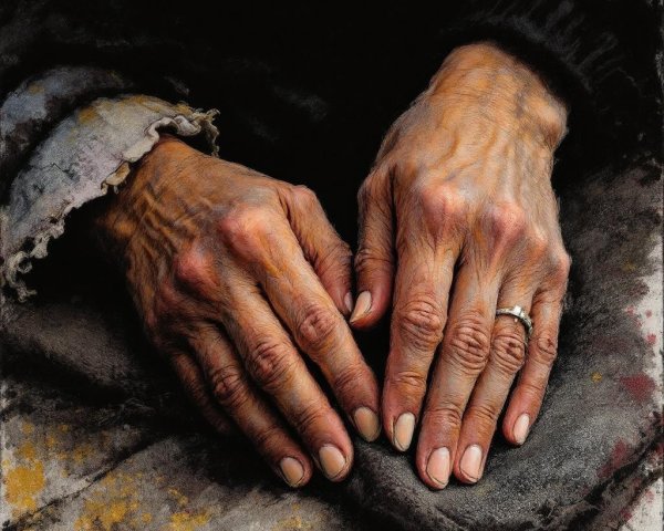 Close-up of Aged Hands on Textured Surface