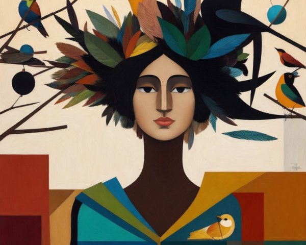 Stylized Woman with Leaf Headdress and Colorful Birds