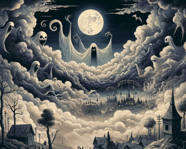 Haunting Nighttime Scene with Ghostly Apparitions
