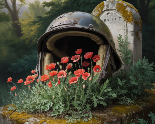 Astronaut Helmet on Mossy Grave Surrounded by Poppies
