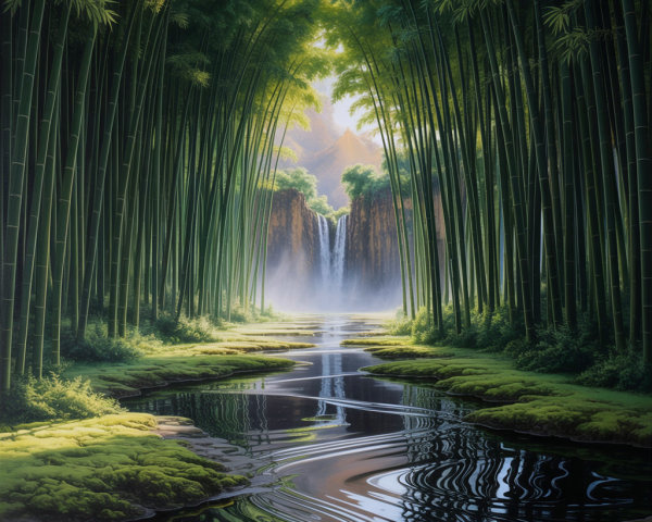 Bamboo Grove with Waterfall and Lush Greenery Scene