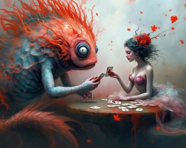 Whimsical Fish Creature and Woman Playing Cards