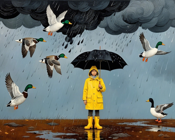 Girl in Yellow Raincoat Surrounded by Ducks in Rain