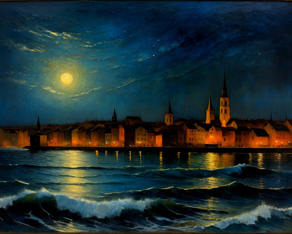Serene Night Scene with Moonlit Village and Waters