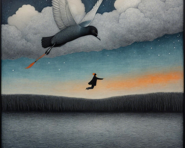 Surreal Landscape with Figure and Soaring Bird