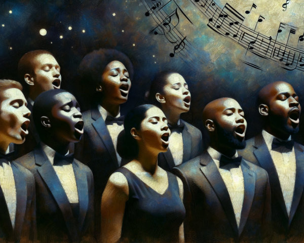 Diverse Singers Performing in Formal Attire with Notes