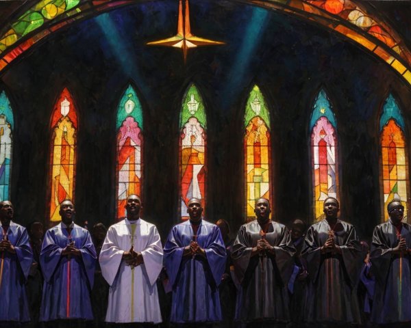 Men in Dark Robes Inside Church with Stained Glass