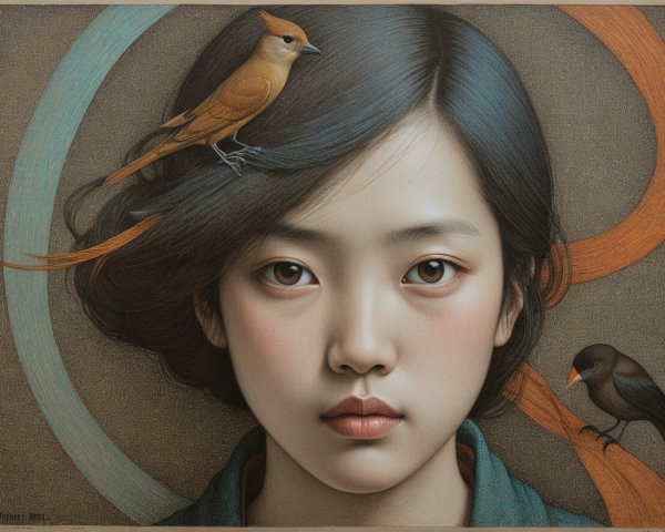 Serene Young Girl with Birds in Warm Colors