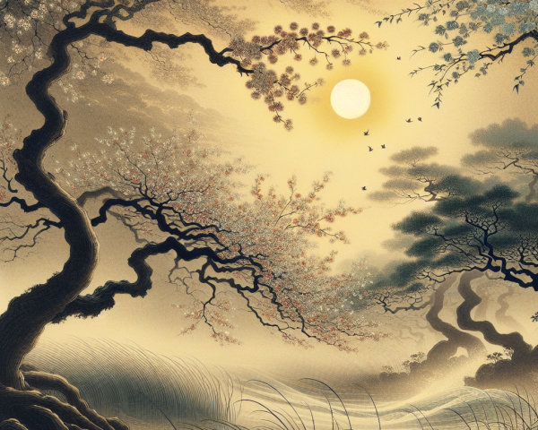 Serene Landscape with Twisted Trees and Blossoms