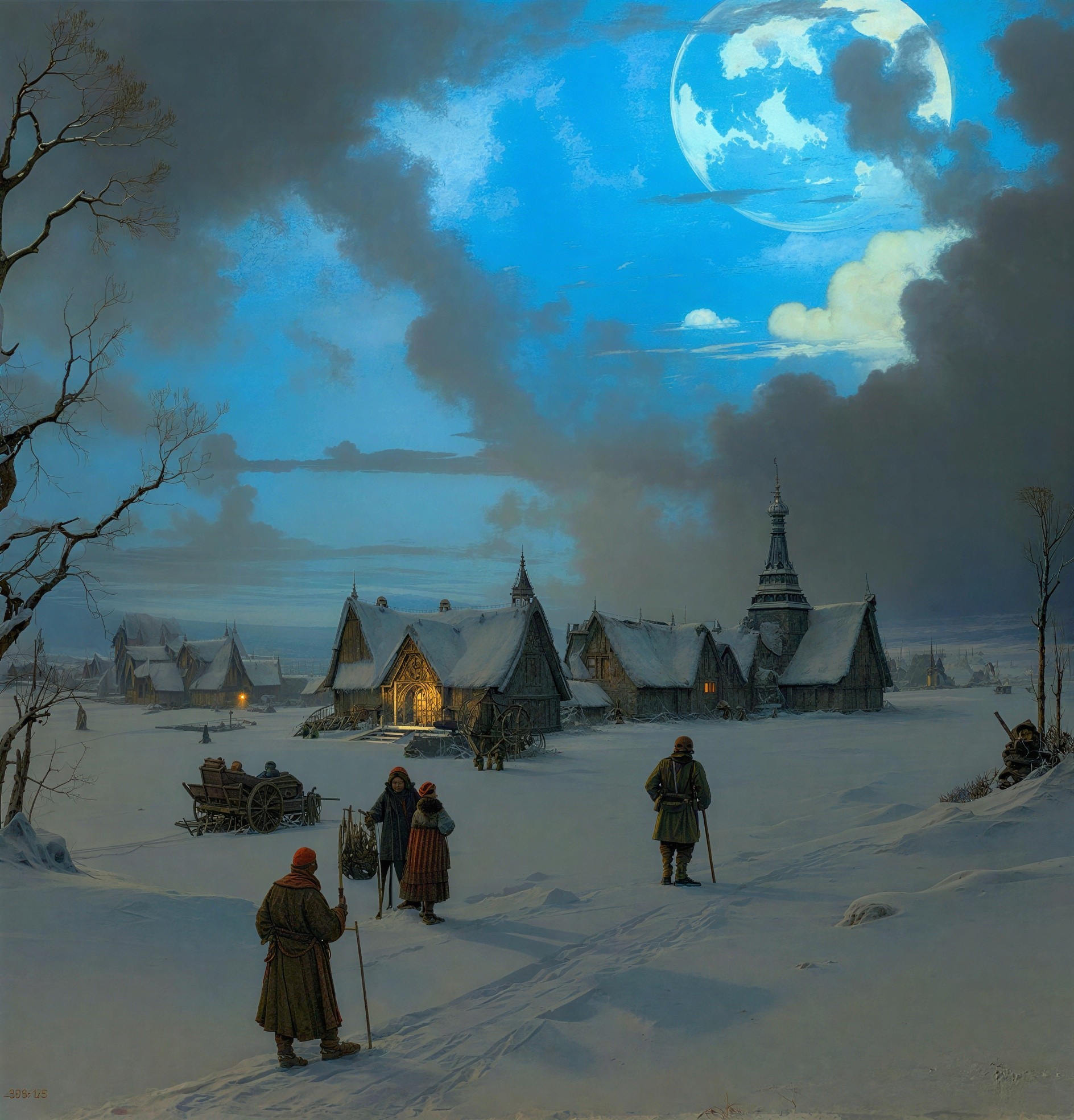 Rural Village Covered in Snow Under Moonlit Sky