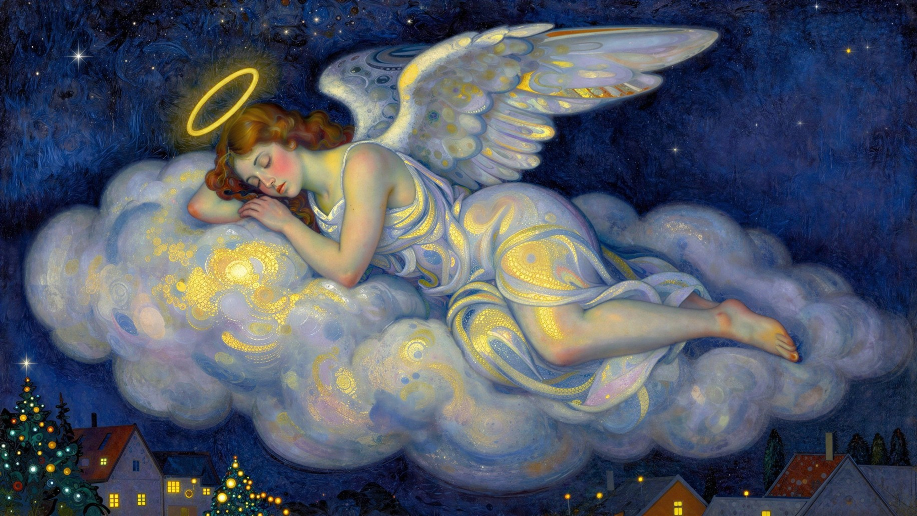 Art Nouveau Artwork of an Angel Sleeping on a Cloud