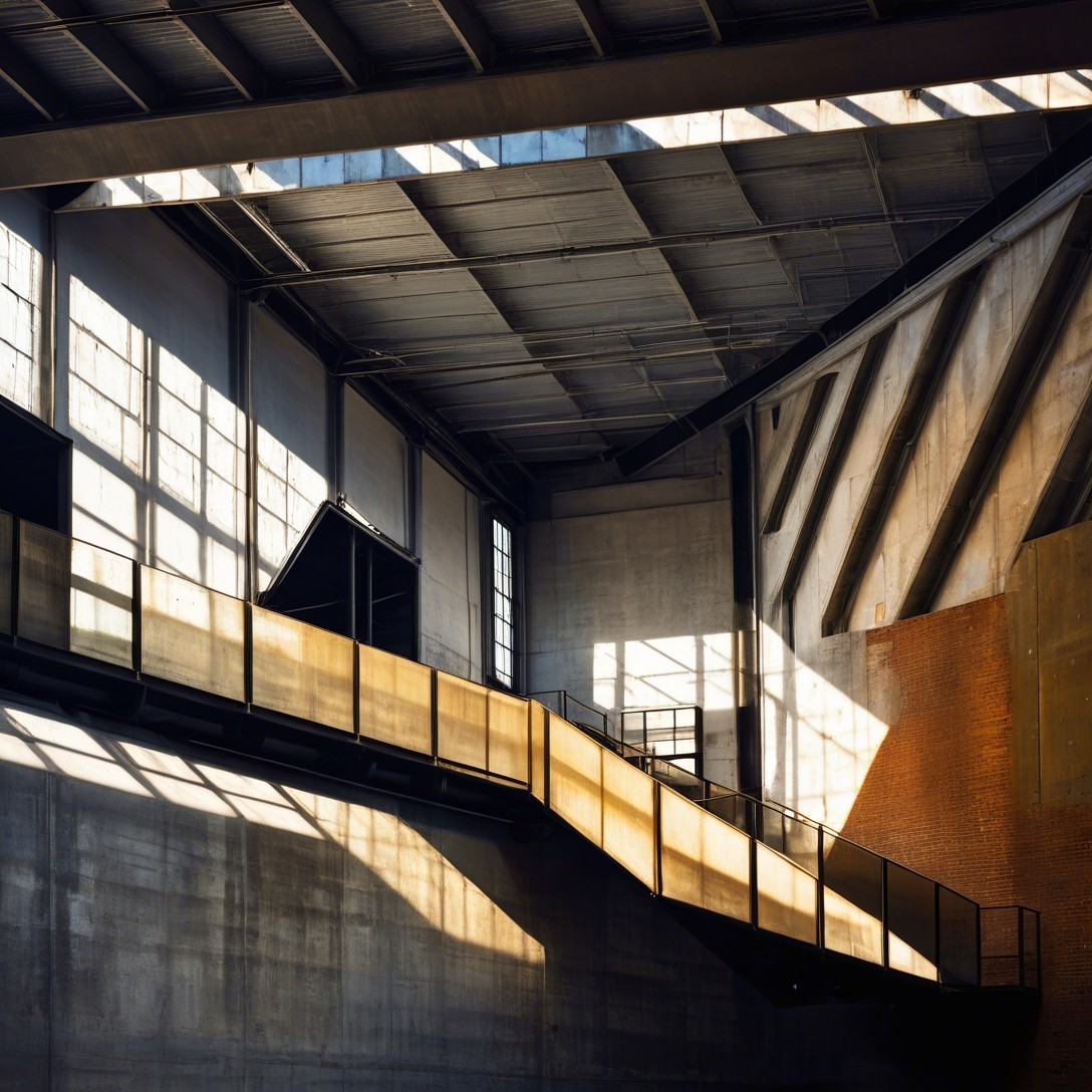 Industrial Interior with Geometric Shadows and Staircase