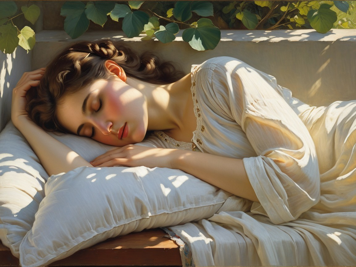Young Woman Sleeping Peacefully in Sunlit Setting