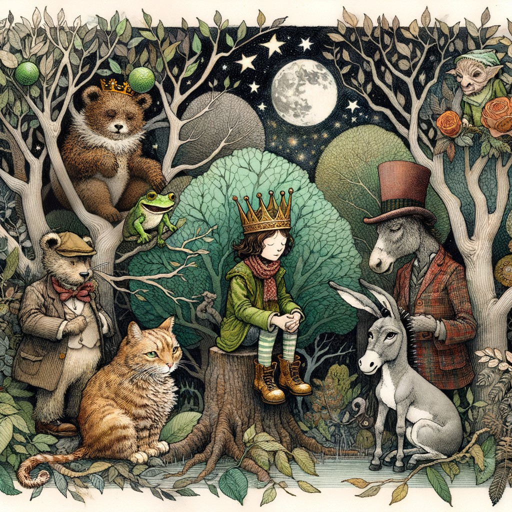 Whimsical Forest Scene with Animals and a Young Girl